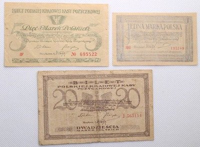 Banknoty marki polskie 1 + 5 + 20 1919 3 szt st3/5