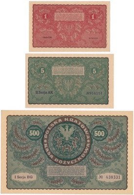 Banknoty 1 + 5 + 500 Marek Polskich 1919 3 szt st1