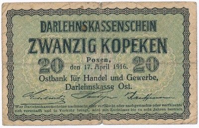 Banknot OST 20 kopiejek 1916 Poznań st.4