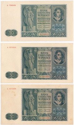 Banknoty Gen. Gub. 50 złotych 1941 A 3 szt. st.1/2