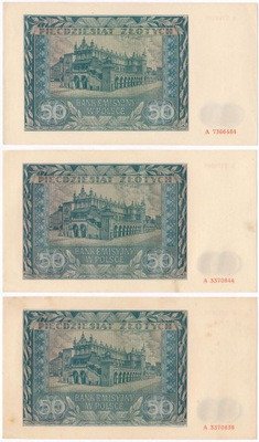 Banknoty Gen. Gub. 50 złotych 1941 A 3 szt. st.1/2