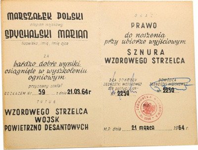 Dokument nadania dla Mariana Spychalskiego 1964 r.