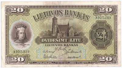 Banknot Litwa 20 Litów 1930 seria A st.3+