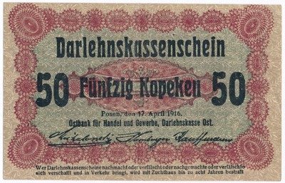 Banknot Polska OST 50 kopiejek 1916 Poznań st.2