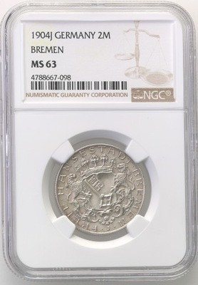 Niemcy Brema 2 Marki 1904 J NGC MS63