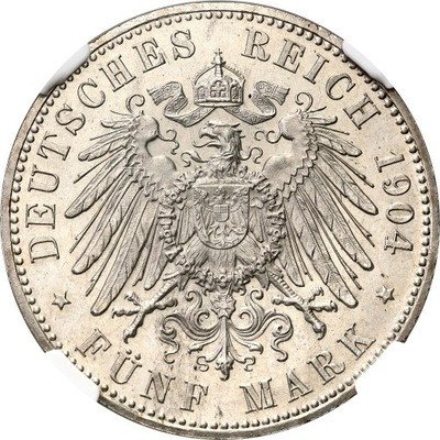Niemcy Hesja 5 Marek 1904 NGC UNC