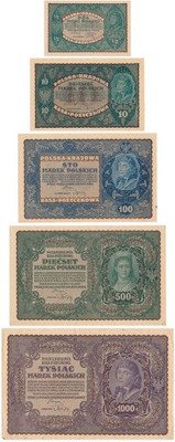 Banknoty marki polskie 1919/20 lot 5 sztuk st.3/3+
