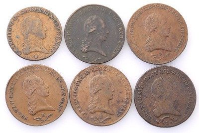 Austria monety miedziane 1800-12 6 szt. st.2+/3+