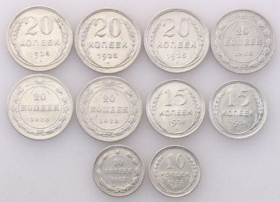 Rosja kopiejki 1922-28 SREBRO lot 10 szt. st.1-/2