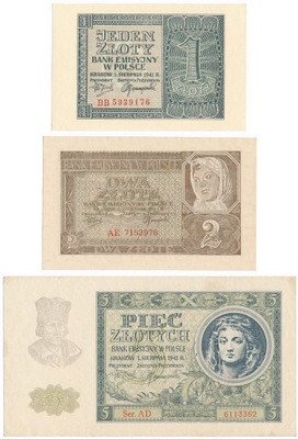 Banknoty Gen. Gub. 1 + 2 + 5 złotych 1941 st.1/1-