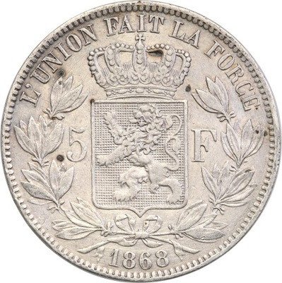 Belgia 5 franków 1868 st.3+