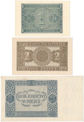 Banknoty Gen. Gub. 1 + 2 + 5 złotych 1941 st.1/1-