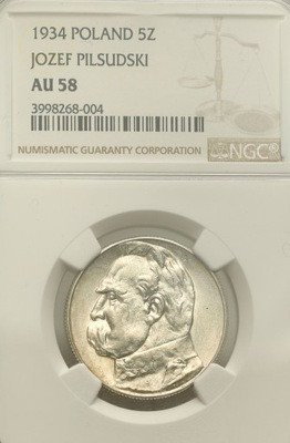 II RP. 5 zlotych 1934 Piłsudski NGC AU 58