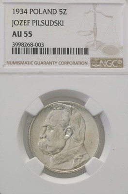 II RP. 5 zlotych 1934 Piłsudski NGC AU 55