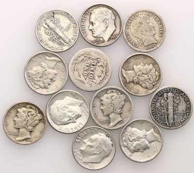 USA 10 centów srebro zestaw 12 szt st.3/3+
