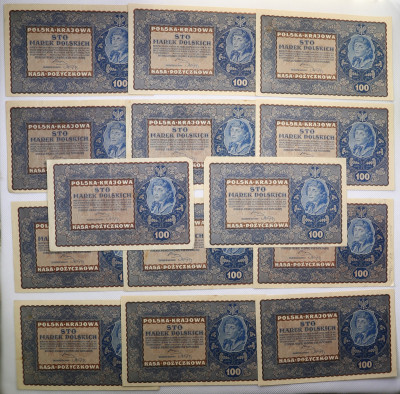 Banknoty 100 marek polskich 1919 lot 14 szt st2/3+