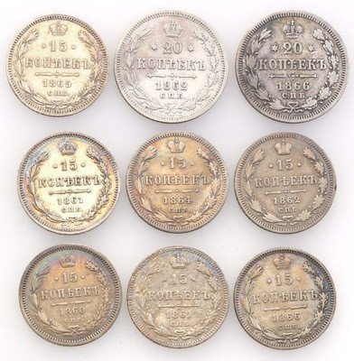 Rosja kopiejki srebrne 1860-66 lot 9 szt st.3/3+