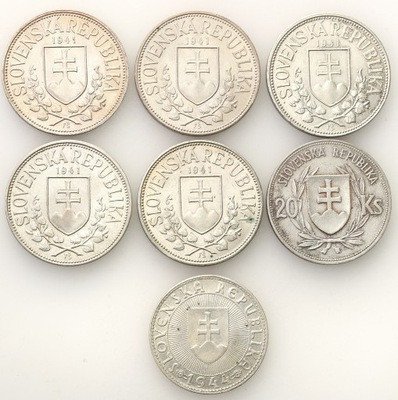 Słowacja monety srebrne 1939-1944 lot 7 szt st.2/3