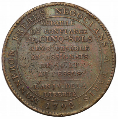 Francja medal 1792 5 Sols de confiance st.3