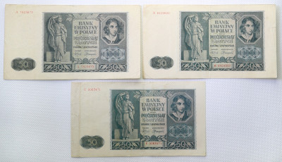 Banknoty Gen. Gub. 50 złotych 1941 lot 3 szt. st.3