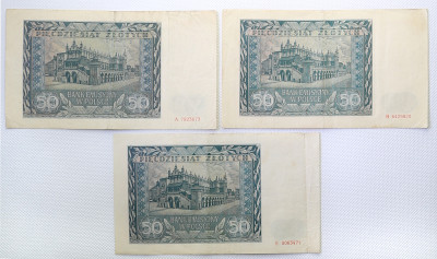 Banknoty Gen. Gub. 50 złotych 1941 lot 3 szt. st.3