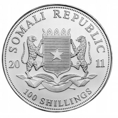 Somalia 100 Shillings 2011 słoń SREBRO 1 oz st.L