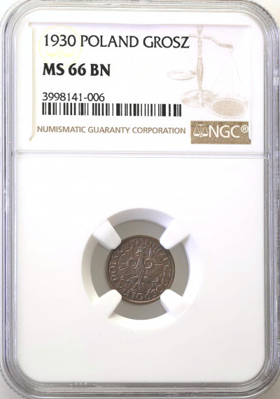 1 grosz 1930 NGC MS66 BN (2MAX) najrzadszy rocznik
