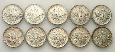 Francja 5 franków SREBRO lot 10 sztuk st.2+