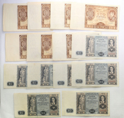 Banknoty 20 zł 1936 + 100 zł 1934 - lot 14 sztuk
