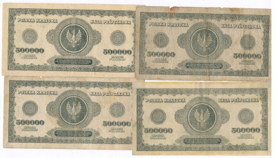Banknoty 500 000 marek polskich 1922 lot 4 szt st4
