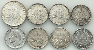Francja 1-2 franki SREBRO lot 8 szt. st.3