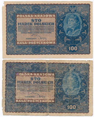 Banknoty 100 marek polskich 1919 lot 2 szt. st.4
