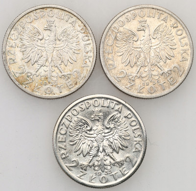 2 złote 1932-34 głowa kobiety - lot 3 sztuk