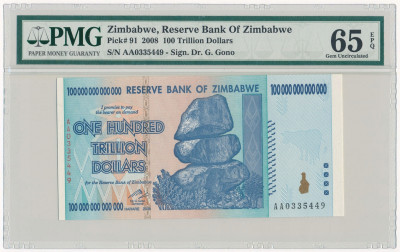 Zimbabwe banknot 100 trylionów 2008 PMG 65 EPQ
