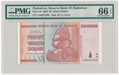 Zimbabwe banknot 20 trylionów 2008 PMG 66 EPQ