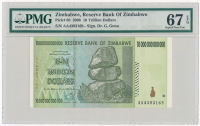 Zimbabwe banknot 10 trylionów 2008 PMG 67 EPQ