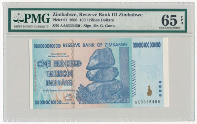 Zimbabwe banknot 100 trylionów 2008 PMG 65 EPQ