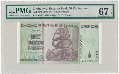 Zimbabwe banknot 50 trylionów 2008 PMG 67 EPQ