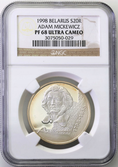Białoruś 10 rubli 1998 Mickiewicz NGC PF68 UC(MAX)