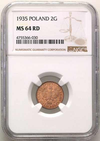 II RP 2 grosze 1935 NGC MS64 RD - CZERWONY