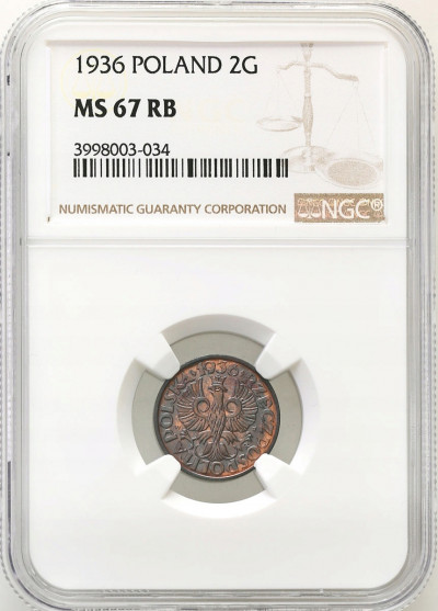 II RP. 2 grosze 1936 NGC MS67 RB (MAX)