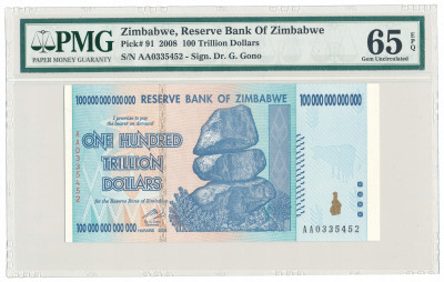 Zimbabwe 100 trylionów dolarów 2008 PMG 65 EPQ
