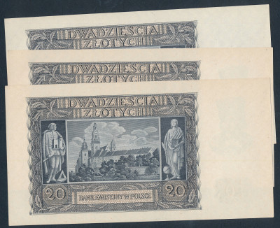 20 złotych 1940 seria H - zestaw 3 banknotów