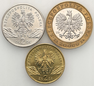 2 złote 1995, 1997 + 20.000 złotych 1991, 3 szt.