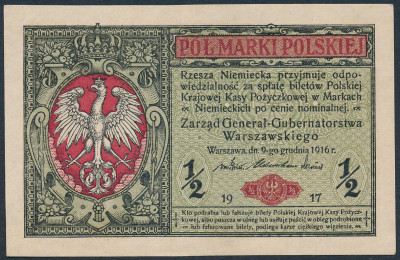 Banknot 1/2 marki polskiej 1916 Generał st.2+