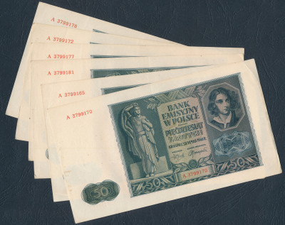 50 złotych 1941 seria A - zestaw 6 banknotów