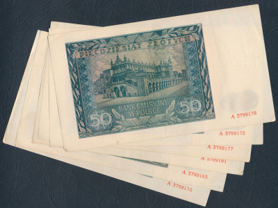 50 złotych 1941 seria A - zestaw 6 banknotów
