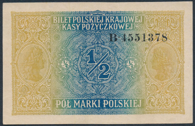 Banknot 1/2 marki polskiej 1916 Generał st.2+