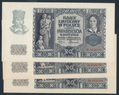 20 złotych 1940 seria H - zestaw 3 banknotów