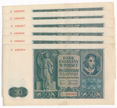 50 złotych 1941 seria C - zestaw 6 banknotów